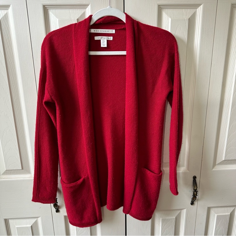Max Studio 100% Cashmere 2-Ply Knit Open Red Cardigan w/ Pockets Womens Size S